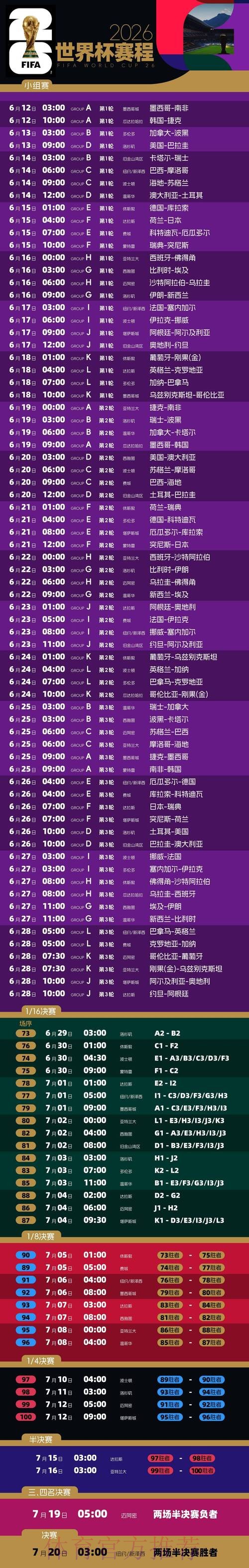 2026世界杯每日赛程高清版完整安排实时查看